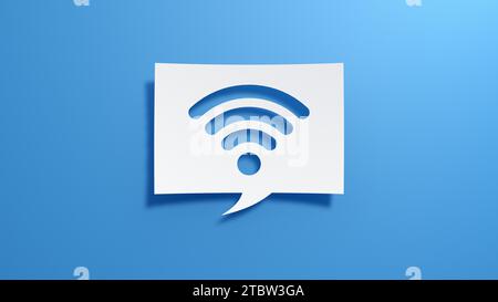 Wi-Fi-Symbol. Kabellose Fidelity Speech Bubble. Minimalistisches abstraktes Design mit weißem Papier auf blauem Hintergrund. 3D-Rendering. Stockfoto