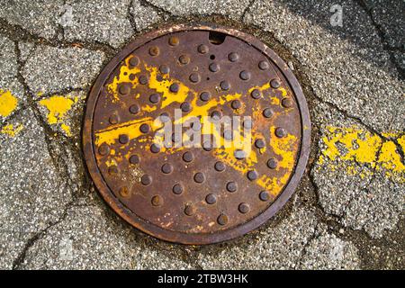 Nahaufnahme der verwitterten Schächte auf gerissenem Asphalt mit gelben Straßenmarkierungen Stockfoto