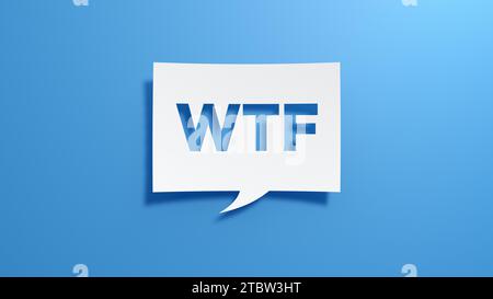 WTF-Sprechblase. Minimalistisches abstraktes Design mit weißem Papier auf blauem Hintergrund. 3D-Rendering. Stockfoto