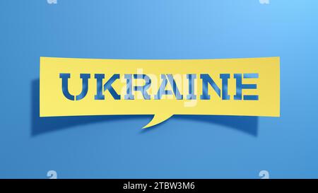 Ukraine. Sprechblase. Minimalistisches abstraktes Design mit gelbem Papier auf blauem Hintergrund. 3D-Rendering. Stockfoto
