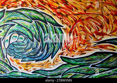 Lebendiges abstraktes Bildmaterial mit dynamischen Pinselstrichen und warmen bis kühlen Farben Stockfoto