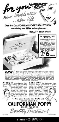 1939 britische Werbung für die California Poppy Beauty Box, ein Geschenkset mit Kosmetik und Cremes. Stockfoto
