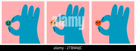 Rang, Grad der Zufriedenheit. Traurige und positive Reaktion. Handgezeichnete Stilvektorentwürfe. Vektor Stock Vektor