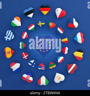Flaggen aller Länder der Europäischen Union in Herzform. Die Flagge der Europäischen Union und der 27 Mitgliedstaaten der Union. Stockfoto