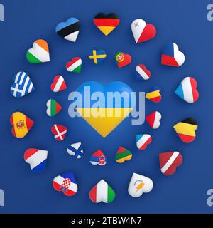 Flagge der Ukraine und der Länder der Europäischen Union in Form eines Herzens. Stockfoto