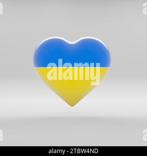 Herzförmiges Abzeichen mit der Nationalflagge der Ukraine als Symbol für Stolz und Patriotismus im eigenen Land. Stockfoto