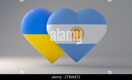 Staatssymbol der Ukraine und Argentiniens auf Hochglanzabzeichen. 3D-Rendering. Stockfoto