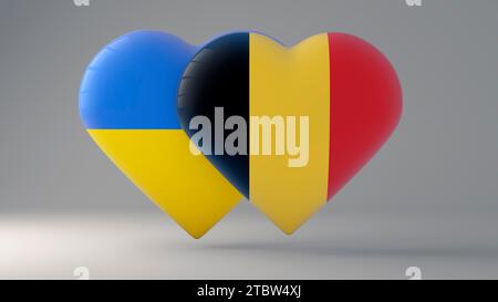 Staatssymbol der Ukraine und Belgiens auf Hochglanzabzeichen. 3D-Rendering. Stockfoto
