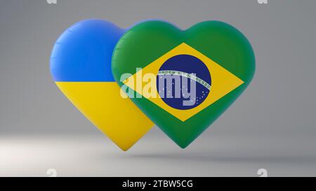 Staatssymbol der Ukraine und Brasiliens auf Hochglanzabzeichen. 3D-Rendering. Stockfoto