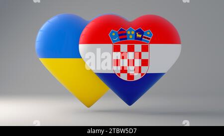 Staatssymbol der Ukraine und Kroatiens auf Hochglanzabzeichen. 3D-Rendering Stockfoto