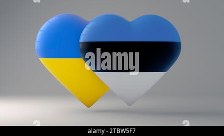 Staatssymbol der Ukraine und Estlands auf Hochglanzabzeichen. 3D-Rendering. Stockfoto