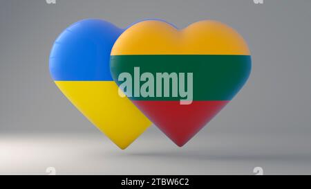 Brustpanzer in Herzform, die die Nationalflagge der Ukraine und Litauens als Symbol für Stolz, Unterstützung und Patriotismus darstellen. Stockfoto