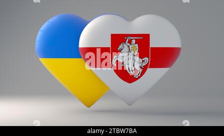 Brustpanzer in Herzform, die die Staatsflaggen der Ukraine und der Republik Belarus als Symbol für Stolz, Unterstützung und Patriotismus darstellen. Stockfoto