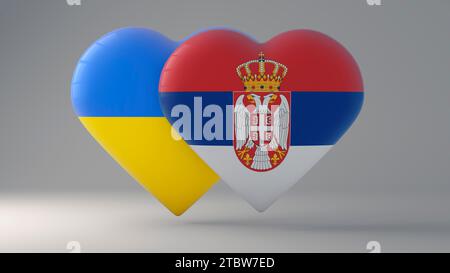 Brustpanzer in Herzform, die die Staatsflaggen der Ukraine und Serbiens als Symbol für Stolz, Unterstützung und Patriotismus darstellen. Stockfoto