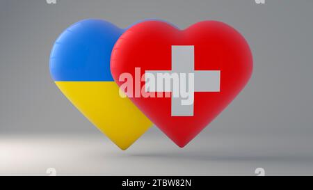 Brustpanzer in Herzform, die die Staatsflaggen der Ukraine und der Schweiz als Symbol für Stolz, Unterstützung und Patriotismus darstellen. Stockfoto