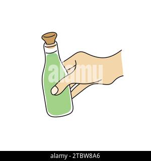 Nahaufnahme Hand hält grüne Alkoholflasche Illustration Vektor Hand gezeichnet isoliert auf weißem Hintergrund Stock Vektor