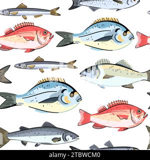 Nahtloses Muster mit kommerziellen Meeresfrüchten, Meeresfrüchten, Meeresfrüchten, Wolfsbarsch und dorado. Fisch und Meeresfrüchte. Vektorabbildung Stock Vektor