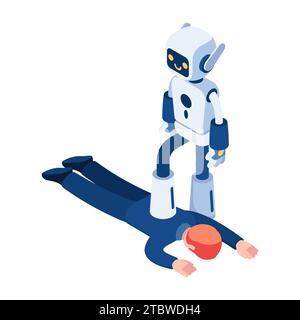 Flacher 3D Isometrischer Ai Roboter tritt auf Geschäftsmann. Künstliche Intelligenz Roboter Ersetzt Menschliche Jobs. Stock Vektor