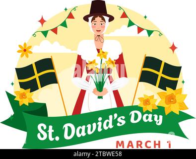 Happy St David's Day Vektor-Illustration am 1. März mit walisischen Drachen und gelben Narzissen im Feiertag Flat Cartoon Hintergrund Design Stock Vektor