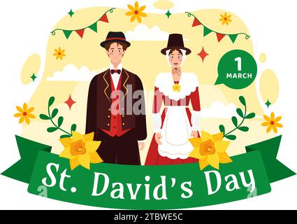 Happy St David's Day Vektor-Illustration am 1. März mit walisischen Drachen und gelben Narzissen im Feiertag Flat Cartoon Hintergrund Design Stock Vektor