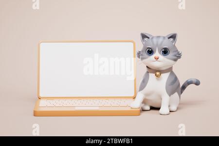 3D-Cartoon-Stil süße Katze und Computerbildschirm, 3D-Rendering. 3D-Abbildung. Stockfoto