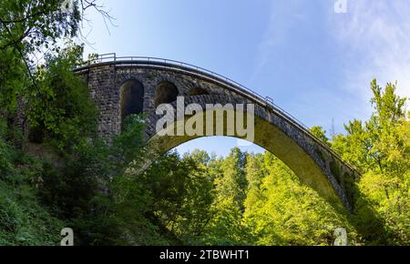 Ein Bild der steinernen Eisenbahnbrücke, die vom Besucherweg der Vintgar-Schlucht aus zu sehen ist Stockfoto