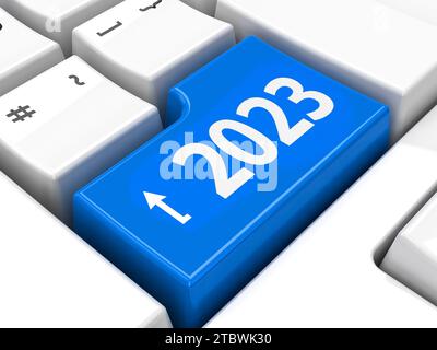 Computertastatur mit 2023 ENTER-Taste, dreidimensionales Rendering, 3D Abbildung Stockfoto