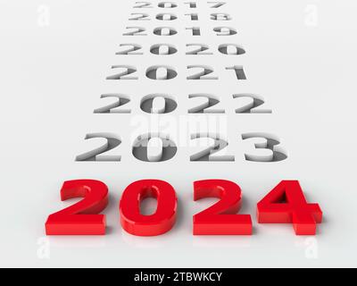 Rote Zahl 2024 auf grauem Hintergrund mit Zahlen repräsentiert das neue Jahr 2024, dreidimensionales Rendering, 3D-Illustration Stockfoto