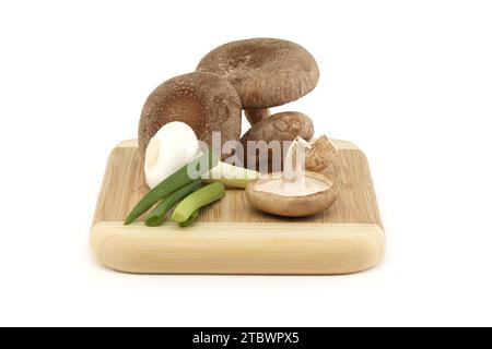 Frische Shiitake-Pilze, verschiedene Zwiebeln auf einem Holzbrett isoliert auf weißem Hintergrund. Pilzrezepte und Heilkräuter Stockfoto