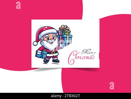 Weihnachtsgrußkarte mit handgezeichnetem Schriftzug und süßer Weihnachtsmann mit Geschenkbox Stock Vektor