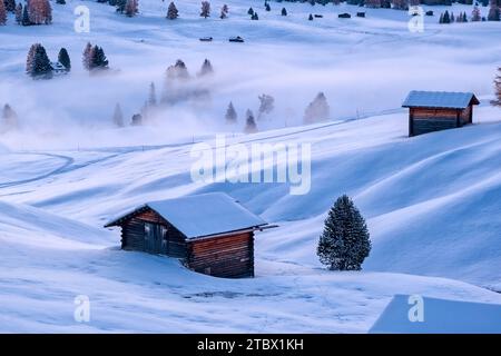 Hügeliges Ackerland mit Holzhütten und Bäumen auf der Seiser Alm, Seiser Alm, im Herbst bei Sonnenaufgang mit frischem Schnee bedeckt. Stockfoto