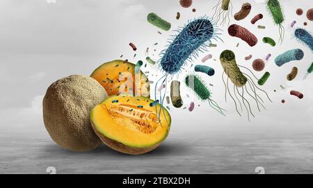 Cantaloupe Salmonellen Ausbruch und Frischprodukte Bakterien Public Health und Keime auf Obst und Gemüse als gesundheitliches Risiko der Kontaminationsaufnahme Stockfoto