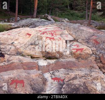 Bis zu 6.000 Jahre alte rote Steinschnitzereien in Näsåker. Schwedens größtes Steinschnitzerwerk, das zweitgrößte in Europa Stockfoto