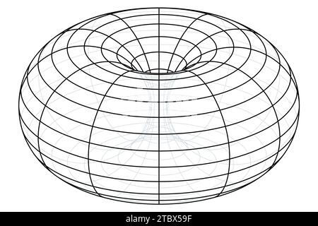 Drahtrahmen eines Ringtorus, auch Donut oder Donut. Geometrische Rotationsfläche, die durch Drehen eines Kreises im 3D-Raum um eine volle Umdrehung erzeugt wird. Stockfoto