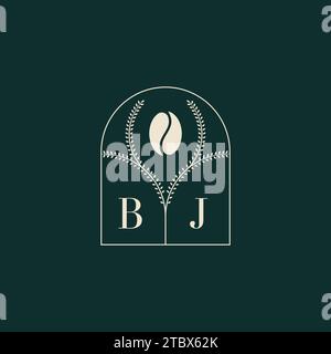 BJ einzigartiges und einfaches Logo-Design mit Buchstaben und Kaffeebohne Stock Vektor