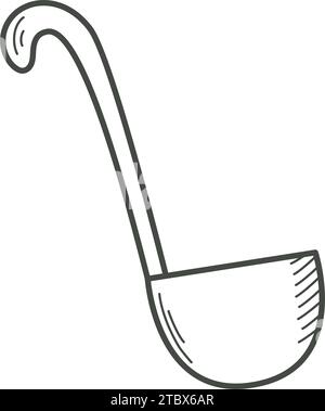 Küche Kelle Kritzelstil Sketch Stil. Einfacher Tintenlöffel für Suppe oder Soße. Wohnküche Utensilien, isolierte Vektor-Illustration Stock Vektor