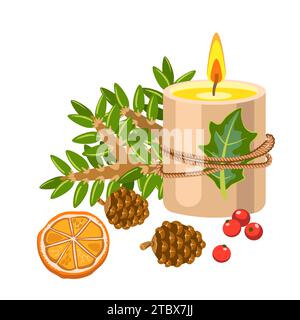 Dekorative Komposition zu Weihnachten, Neujahr. Kerze mit Flamme, Tannenzweige, Mistelbeeren, Tannenzapfen. Stockfoto