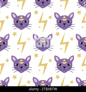 Magische Katzen und nahtloses Mondmuster. Magische Katzenköpfe und Hexenelemente. mystic Kätzchen Druck für Textil, Digitalpapier, Verpackung, Vektor Stock Vektor