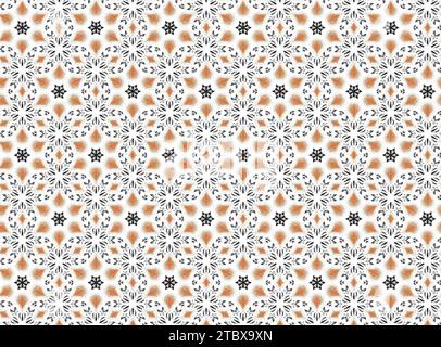 Dieser abstrakte Hintergrund zeigt einen leuchtenden orangefarbenen Hintergrund mit schwarzen Kreisen, Blumen und Schneeflocken in einem sich wiederholenden Muster Stockfoto