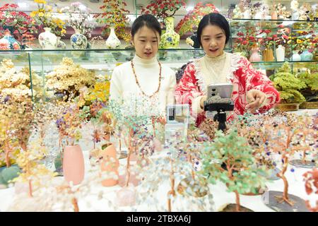 LIANYUNGANG, CHINA - 9. DEZEMBER 2023 - Ein grenzüberschreitender E-Commerce-Anker ist Livestream, der Kristallschmuck in Lianyungang, Provinz Jiangsu, China verkauft Stockfoto