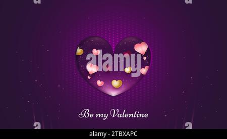 Valentinstag-Banner mit bunten Herzen und Heißluftballons auf Papierhintergrund. Weihnachtsgutschein. Romantischer Hintergrund mit 3D-Dekorationsobjekt Stock Vektor