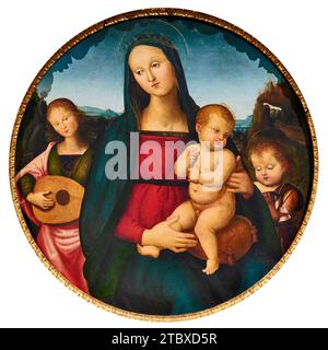 Madonna Col Bambino con S. Giovannino e un angelo musicante - tempera su tavola - cerchia del Perugino - Fine del XV secolo - Venezia, Galleria Gio Stockfoto