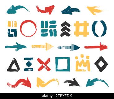 Farbige Pinselfiguren. Kritzeln Sie einfache geometrische Formen mit Malmarker und Pinselstrichen für Kinder. Vektor-isolierte Sammlung von Pinsel-Doodle abstrakte grafische Illustration Stock Vektor