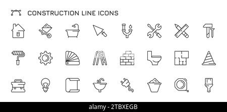 Symbole für Konstruktionslinien. Bauingenieurwerkzeuge, Mauerwerk Sägelöffelschlüssel und Heizung, Sanierungsplan für Sanitär. Vektorisolierter Satz der Symbollinie des Baugebäudes Stock Vektor