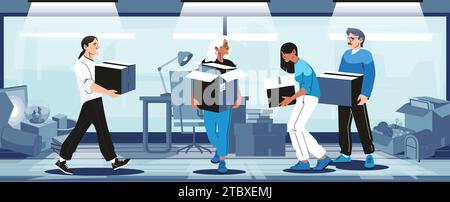 Büroverlagerungskonzept. Cartoon-Leute packen Möbel aus und bewegen Bürosachen, Arbeiter ziehen an einen neuen Bürostandort. Vektorabbildung. Mann und Frau verlassen den Arbeitsplatz mit Kisten Stock Vektor