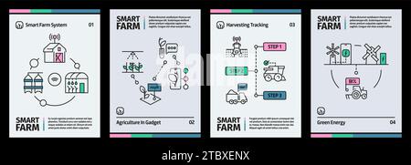 Smart Farm-Banner. Konzept der ökologischen Landwirtschaft mit Roboterdrohne und GPS-Technologie, Programmbroschüre für landwirtschaftliche Drohnen. Vektorabbildung. Pflanzen wachsen Stock Vektor