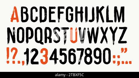Grunge-Schriftart mit Distressed-Schriftart. Handgezeichnete grobe handgeschriebene Buchstaben und Zahlen, alte, schmutzige, kratzende Schrift. Vektor-isolierte Gruppe des Grunge-Alphabets arti Stock Vektor