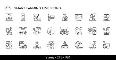 Symbole für Smart Farming-Linien. Agrartechnologie und Konzept der ökologischen Landwirtschaft. Lineares Vektorzeichen mit Bodensensor und Robotergeräten. Drohnen fert Stock Vektor