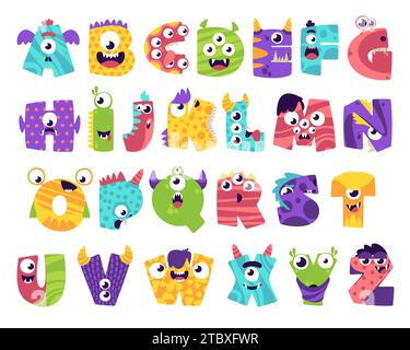 Monster-Schriftart. Schreibe Alphabete mit niedlichen, gruseligen Monstern, Zeichentrickbuchstaben für die Schulbildung der Kinder. Vektorsatz. Verspielte Comic-Charaktere Stock Vektor