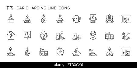 Symbole für die Kfz-Ladeleitung. Ladeleitung für Elektrofahrzeuge, Batteriebereich und -Zeit für Elektroautos, umweltfreundliches Transportkonzept. Vektorsatz der Batterie el Stock Vektor